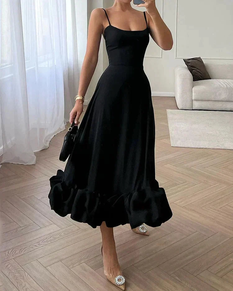 Spaghetti Strap Scoop Neck Fitted Bodice Ruffle Hem Floor Length Gown - View 4