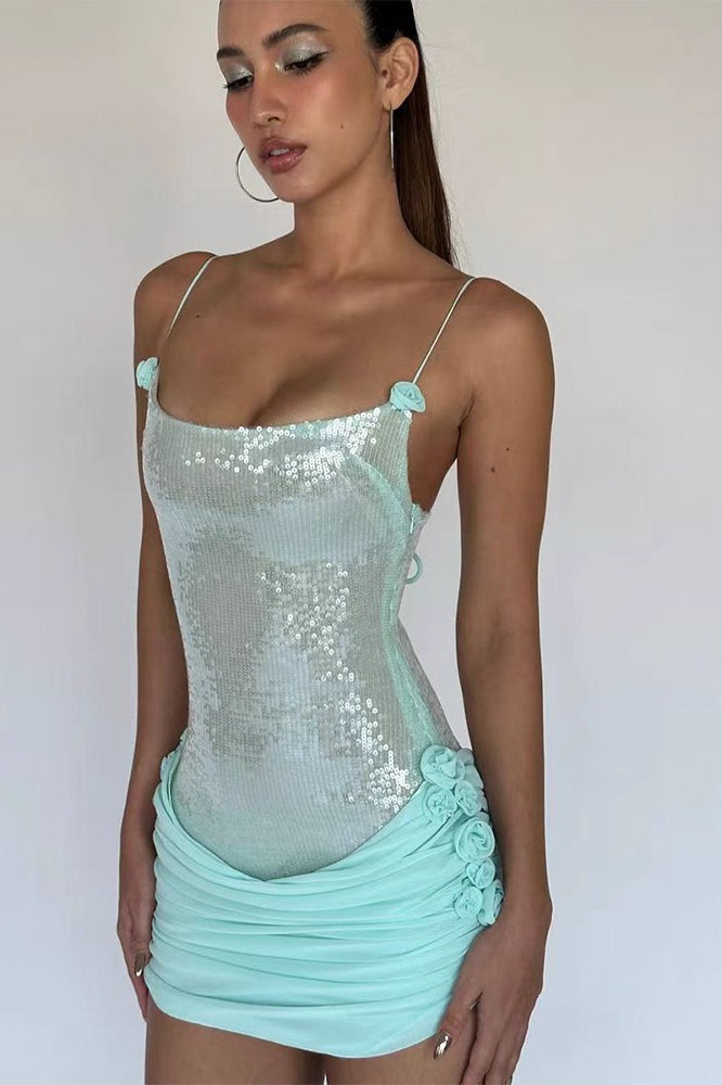 Sequin Scoop Neck Ruched Rosette Bodycon Mini Dress - View 3