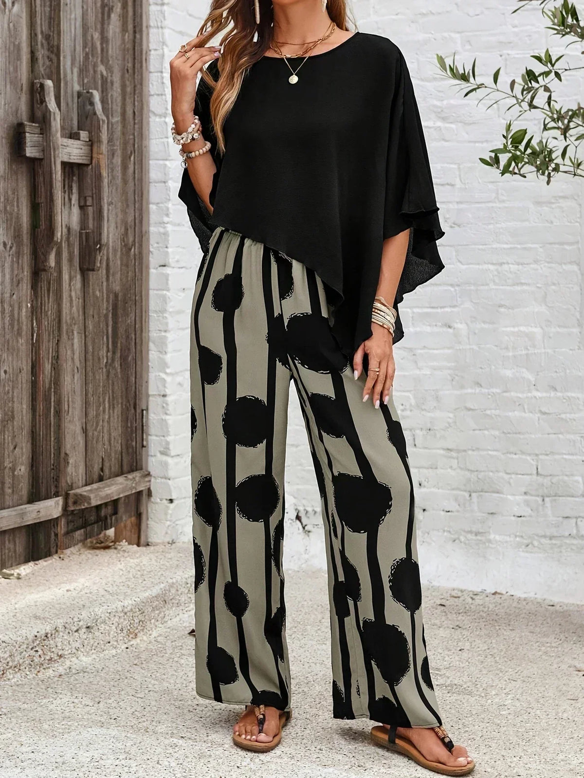 Batwing Top and Abstract Print Wide Leg Pants Two Piece Set