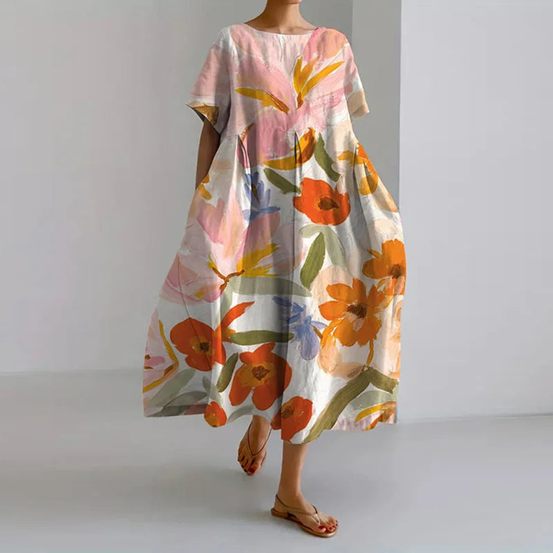 Floral Print Round Neck Short Sleeve Midi Dress 2