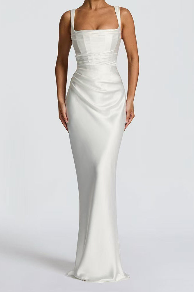 Satin Square Neck Ruched Slim Fit Maxi Prom Dress - View 13