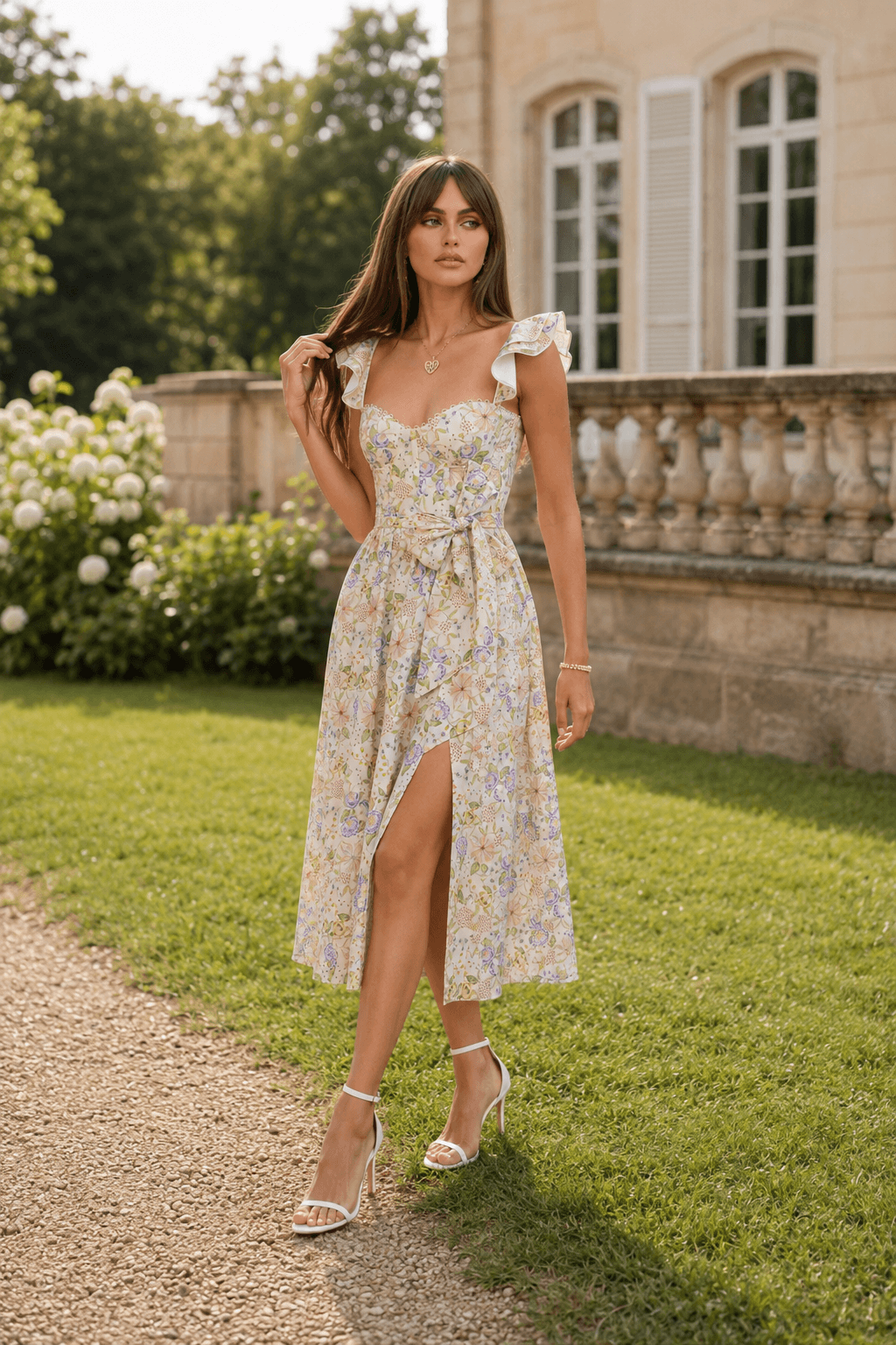 Floral Sweetheart Ruffle Strap Tie Waist High Split Midi Dress 5