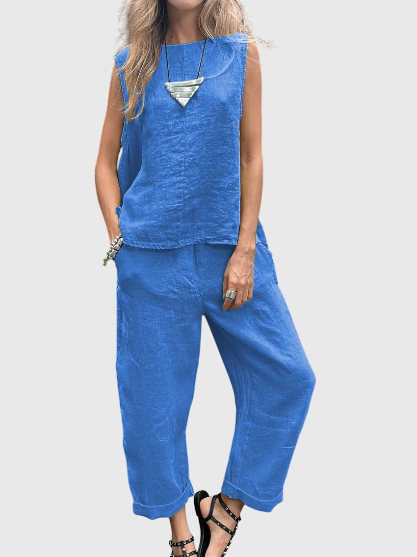 Sleeveless Round Neck Top and Wide Leg Crop Pants Two Piece Set 3