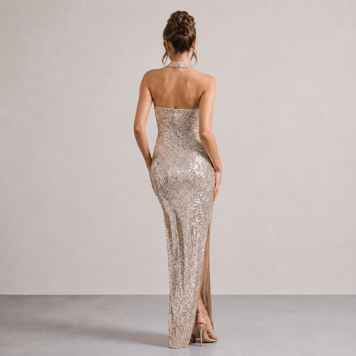 Halter Neck Sequin Backless High Split Maxi Gown 9