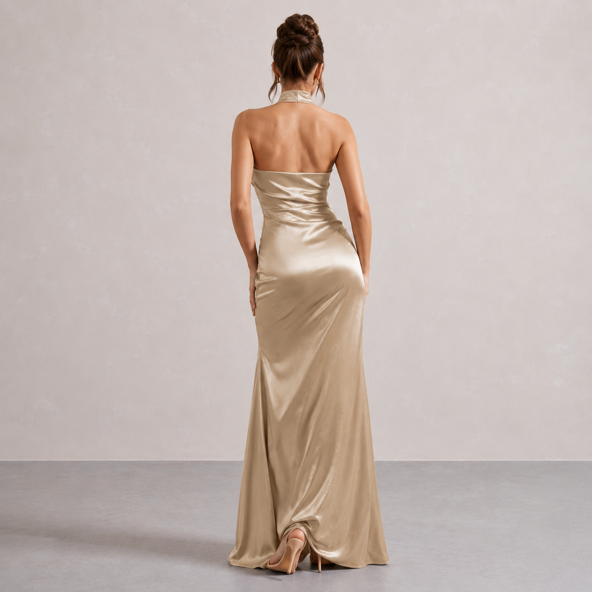 Satin Halter Neck Ruched High Split Mermaid Maxi Dress 6
