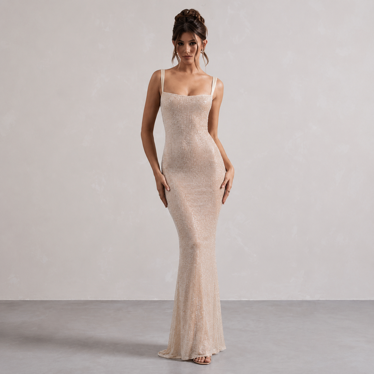 Square Neck Glitter Fishtail Bodycon Maxi Dress 10