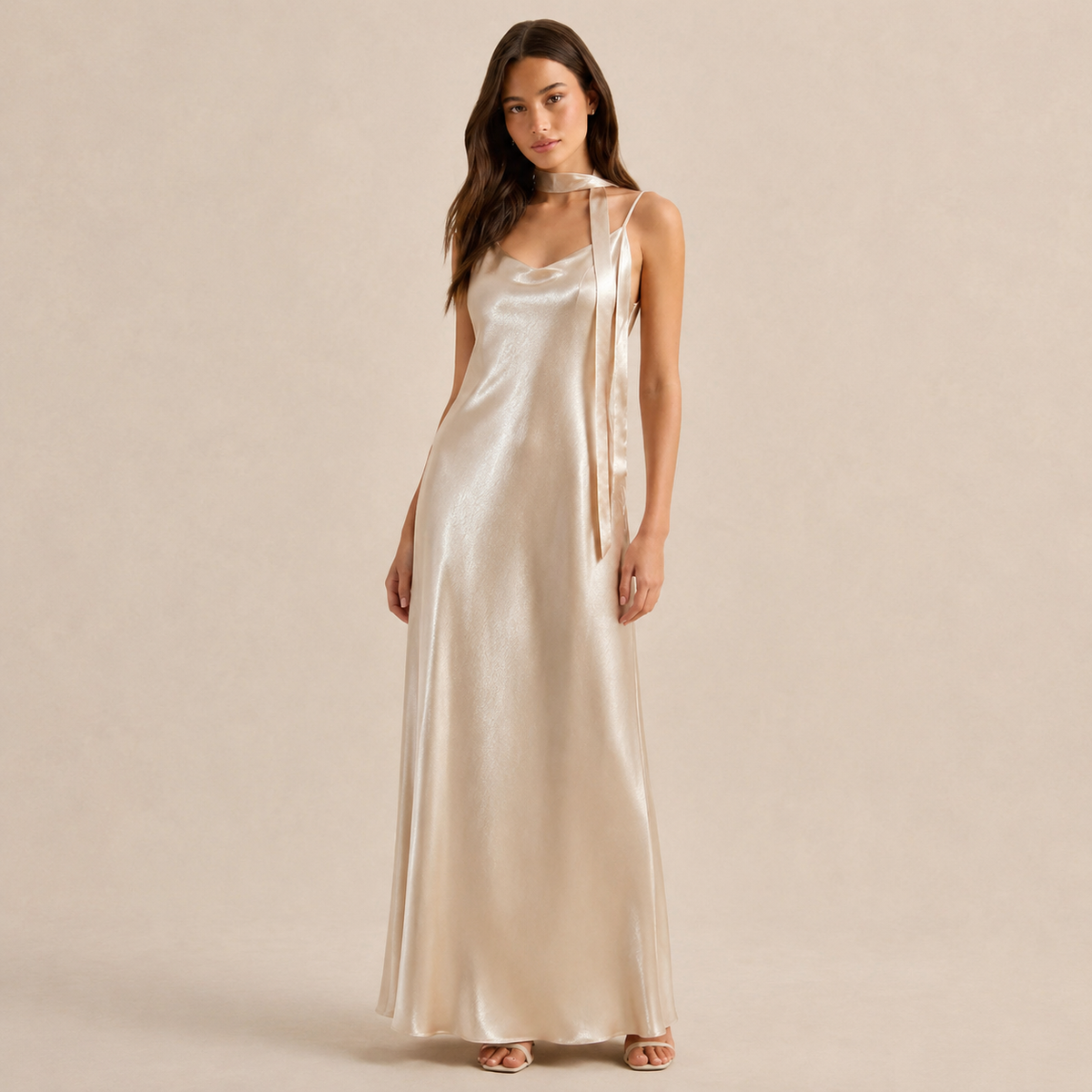 Scarf Neck V-Neck Satin Bias Slip Maxi Dress 5