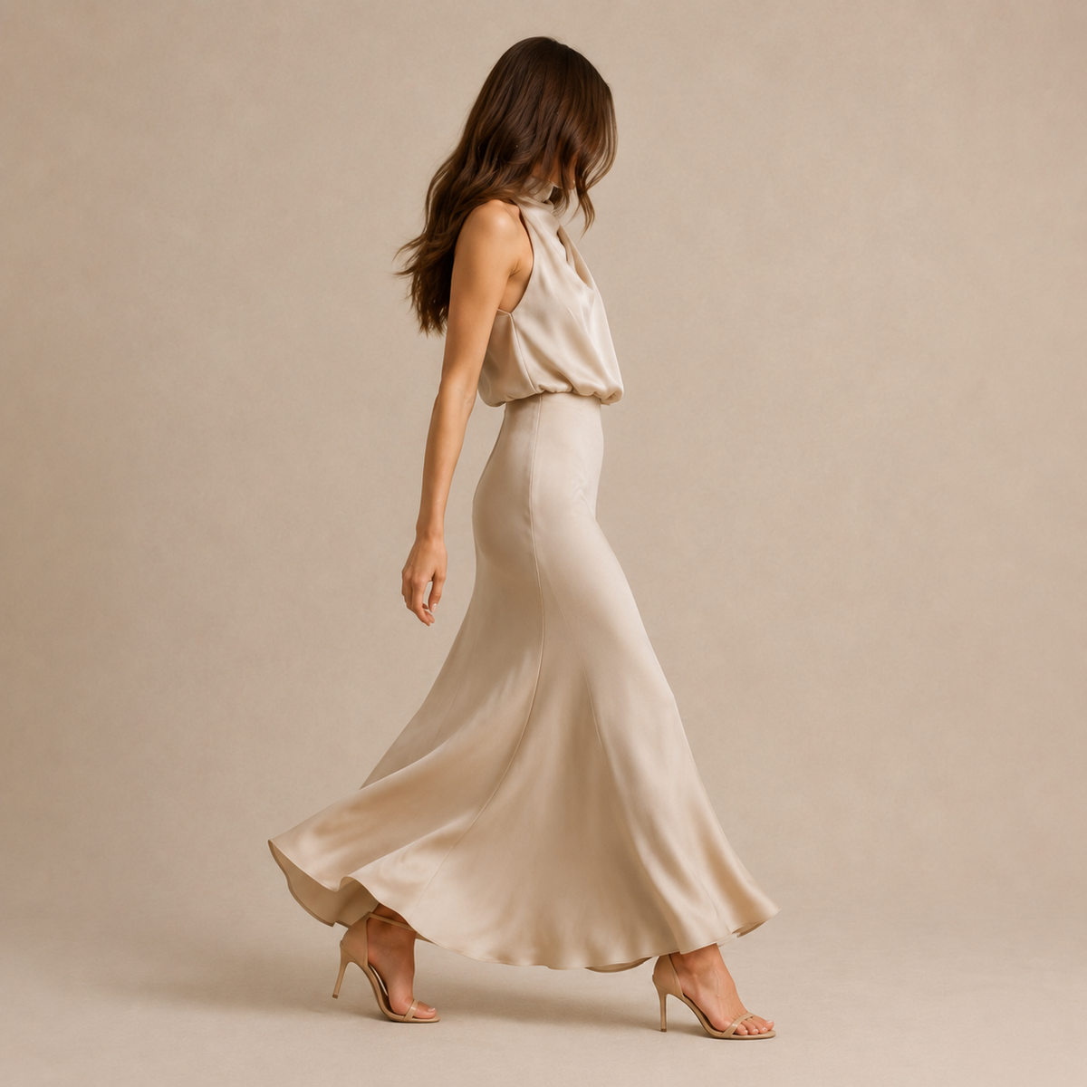 Satin Cowl Halter Neck Bias Cut Maxi Dress 16