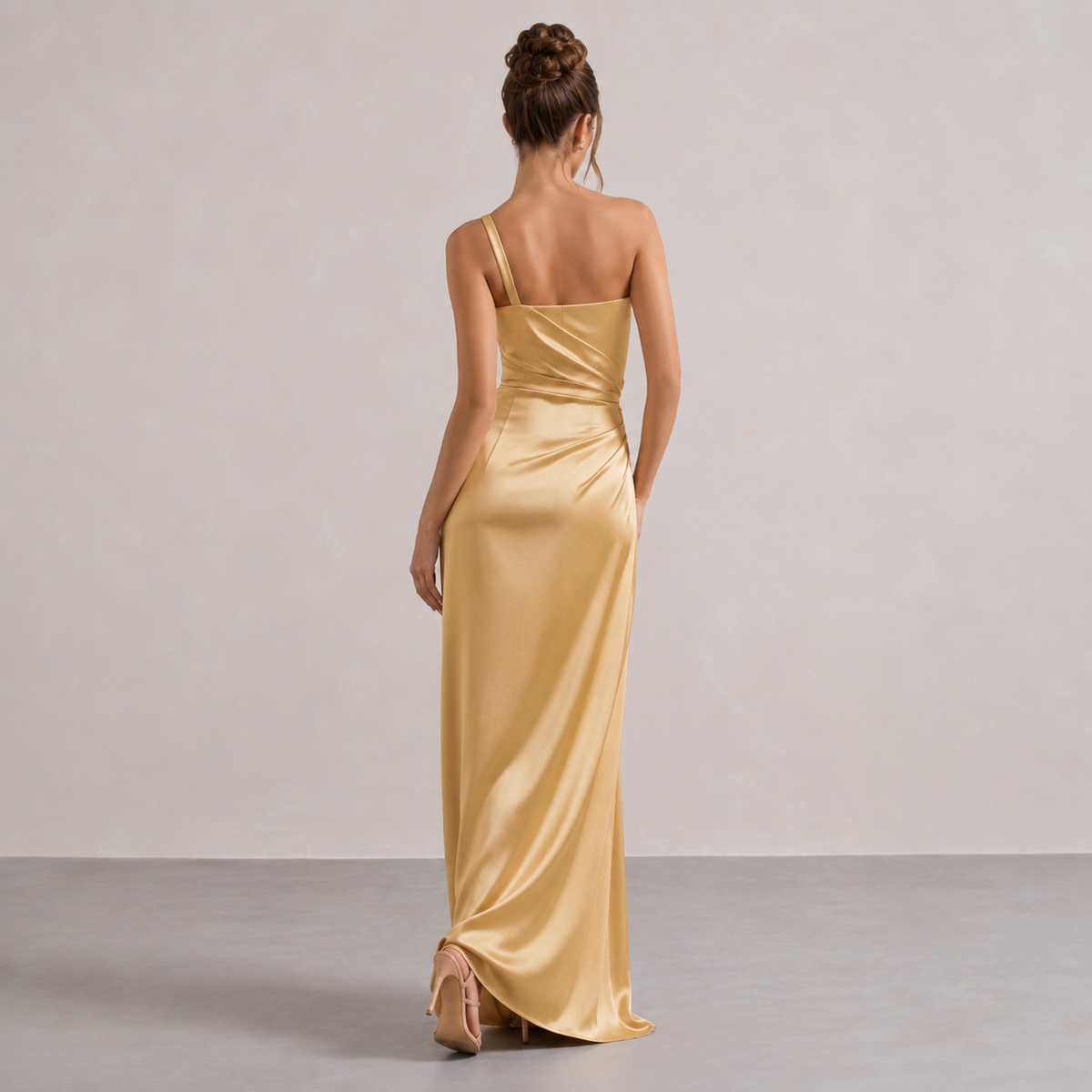 One Shoulder Satin Ruched High Split Maxi Dress 6