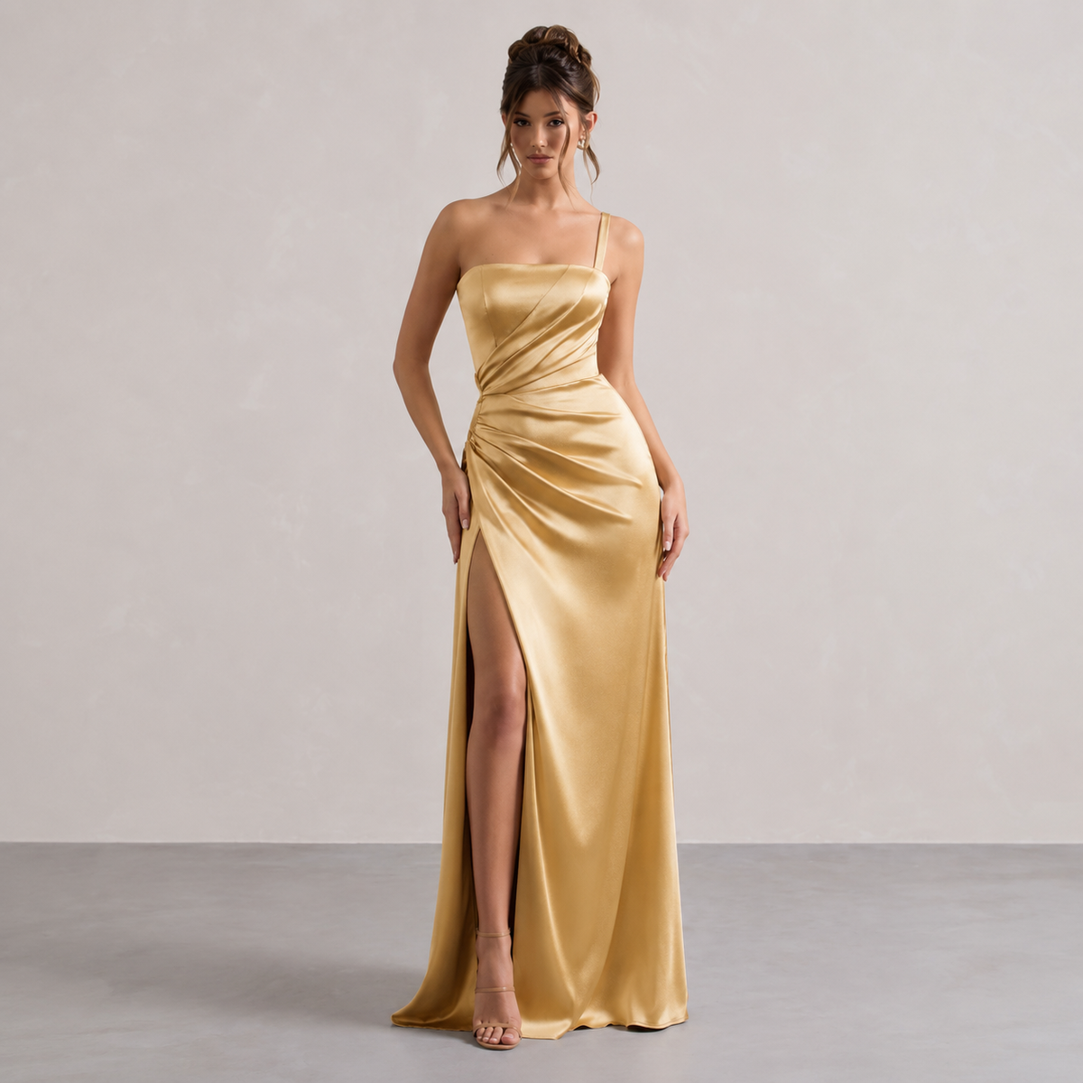 One Shoulder Satin Ruched High Split Maxi Dress 4