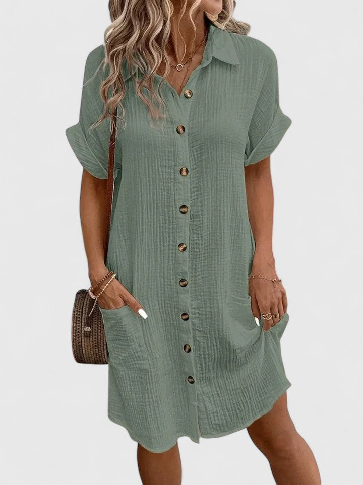 Collared Short Sleeve Button Front Pocket Maxi Shirt Dress 9