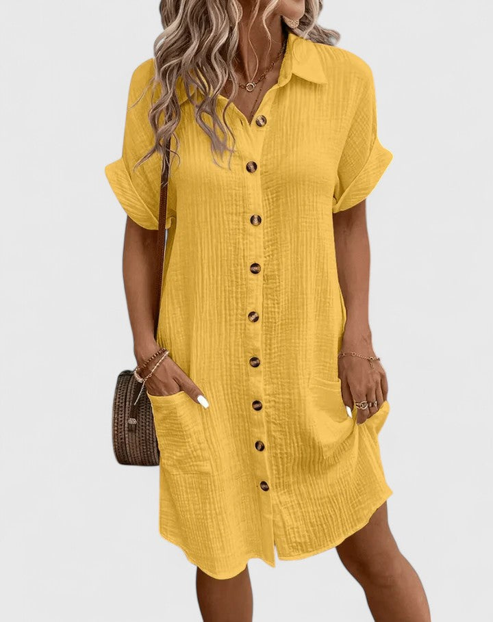Collared Short Sleeve Button Front Pocket Maxi Shirt Dress 4