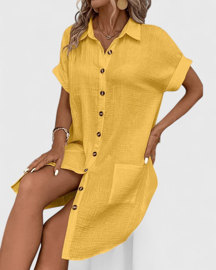 Collared Short Sleeve Button Front Pocket Maxi Shirt Dress 2
