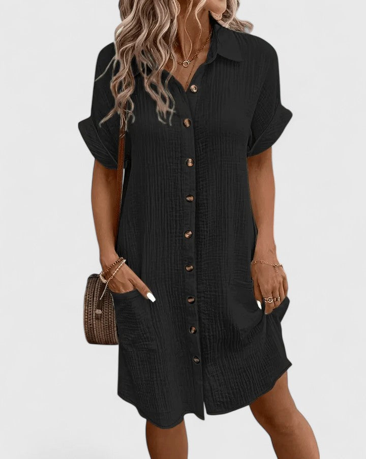 Collared Short Sleeve Button Front Pocket Maxi Shirt Dress 15