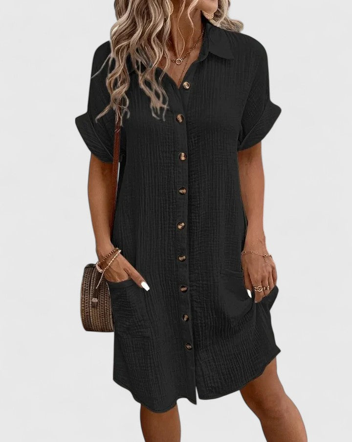 Collared Short Sleeve Button Front Pocket Maxi Shirt Dress 17