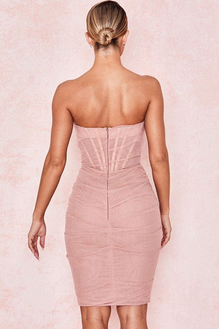 Sheer Mesh Strapless Ruched Corset Bodycon Midi Dress - View 4