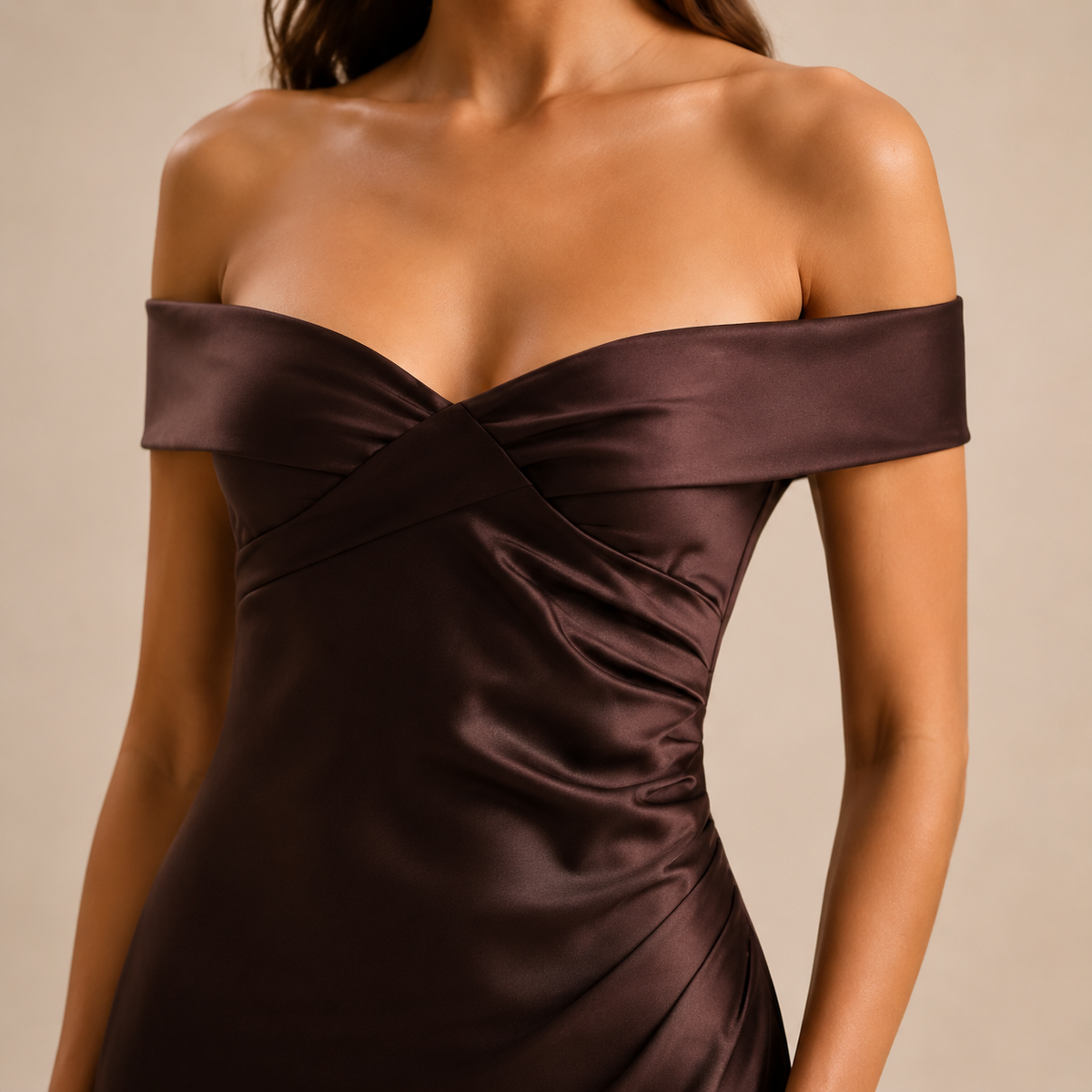 Off Shoulder Twist Front Satin Column Maxi Dress 14
