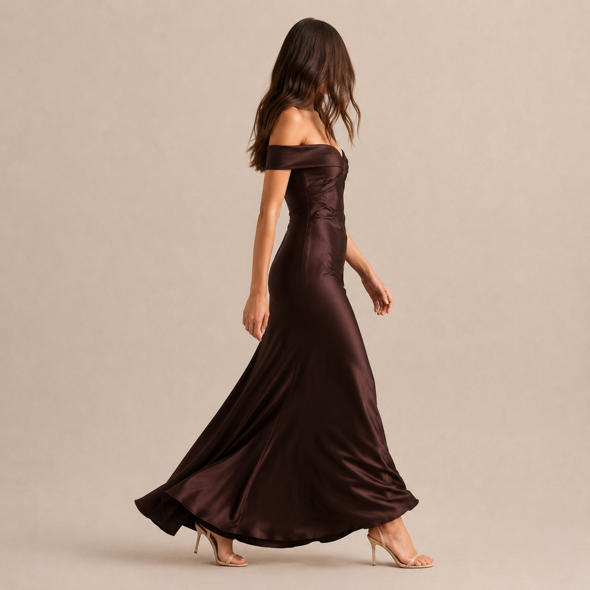 Off Shoulder Twist Front Satin Column Maxi Dress 16