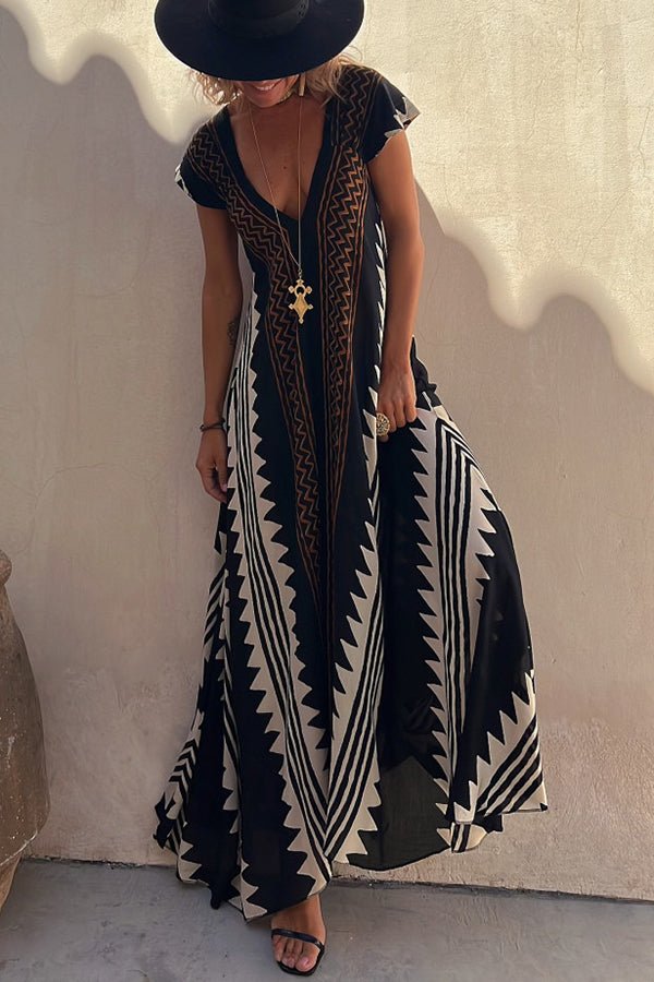 Geometric Print V-Neck Short Sleeve Flowy Boho Maxi Dress