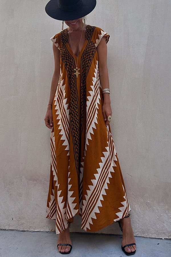 Geometric Print V-Neck Short Sleeve Flowy Boho Maxi Dress - View 6