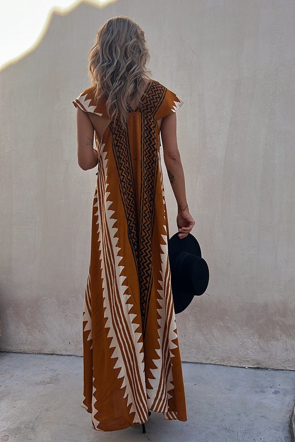 Geometric Print V-Neck Short Sleeve Flowy Boho Maxi Dress - View 10