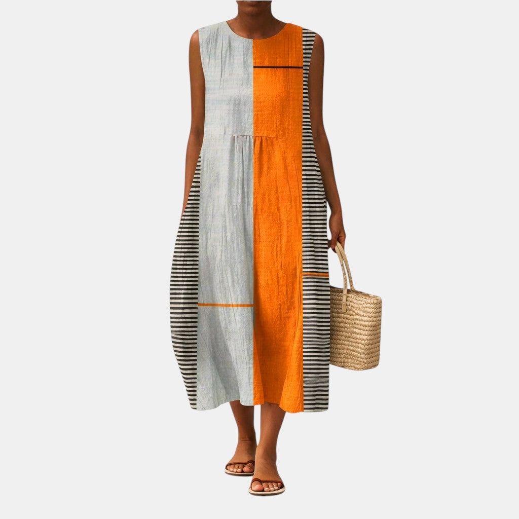 Striped Colorblock Round Neck Sleeveless Midi Dress 2