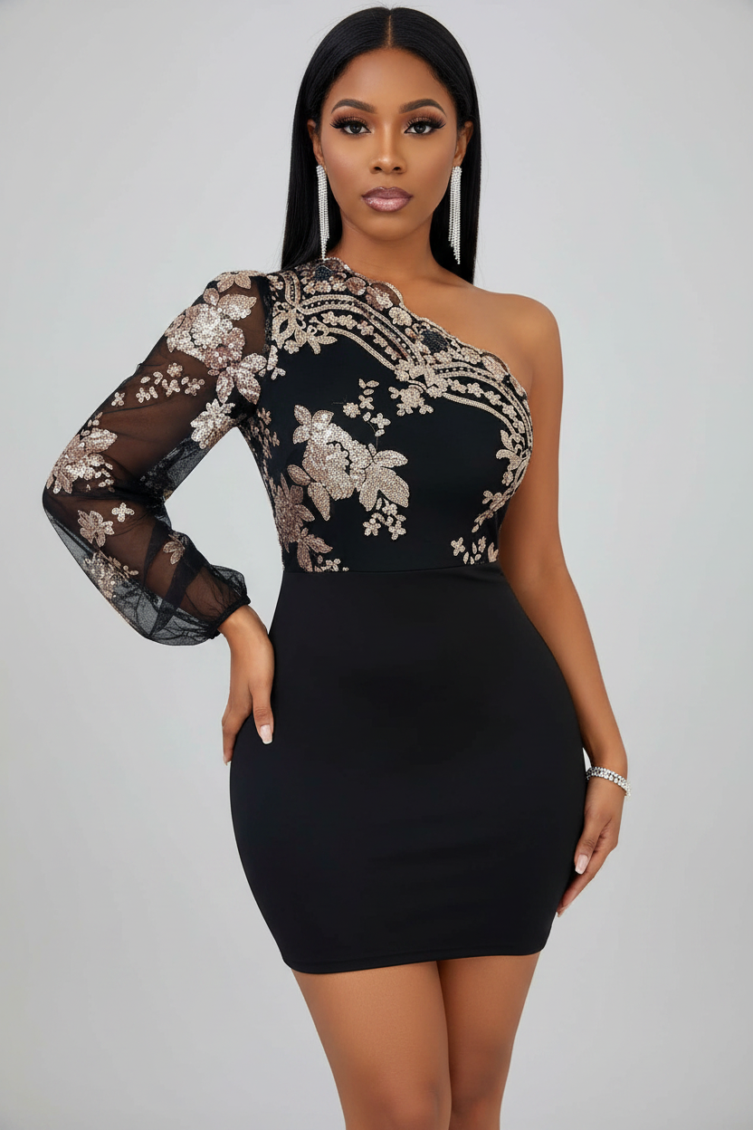 Floral Sequin One Shoulder Long Sleeve Bodycon Mini Dress - View 8