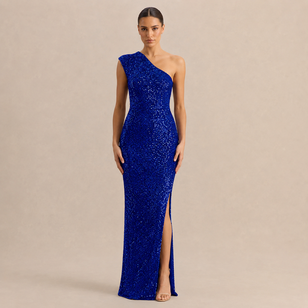 Sequin One Shoulder High Split Column Maxi Gown 13