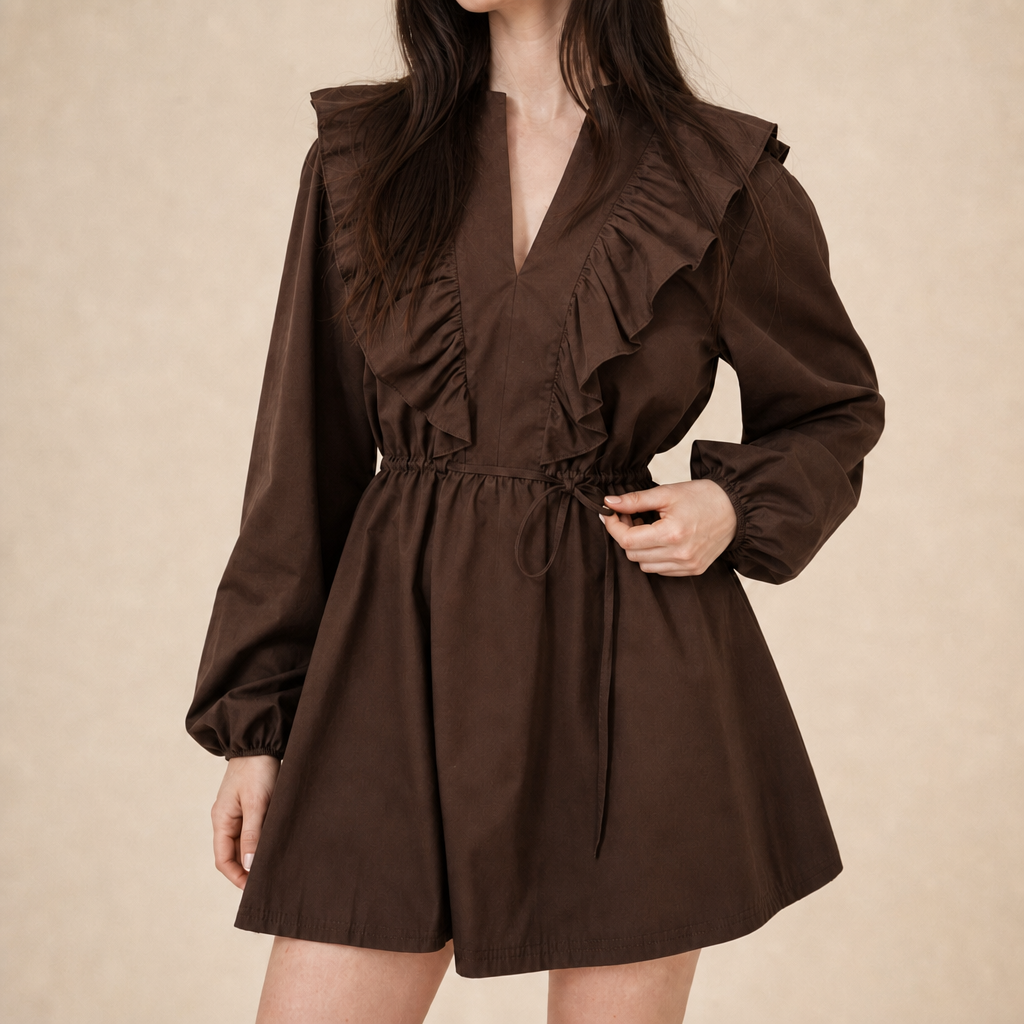 V-Neck Long Sleeve Ruffle Trim Fit and Flare Mini Dress 7