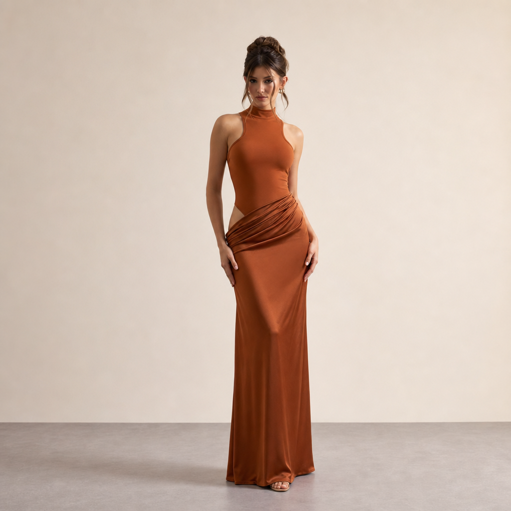 High Neck Cut Out Draped Satin Maxi Gown 5