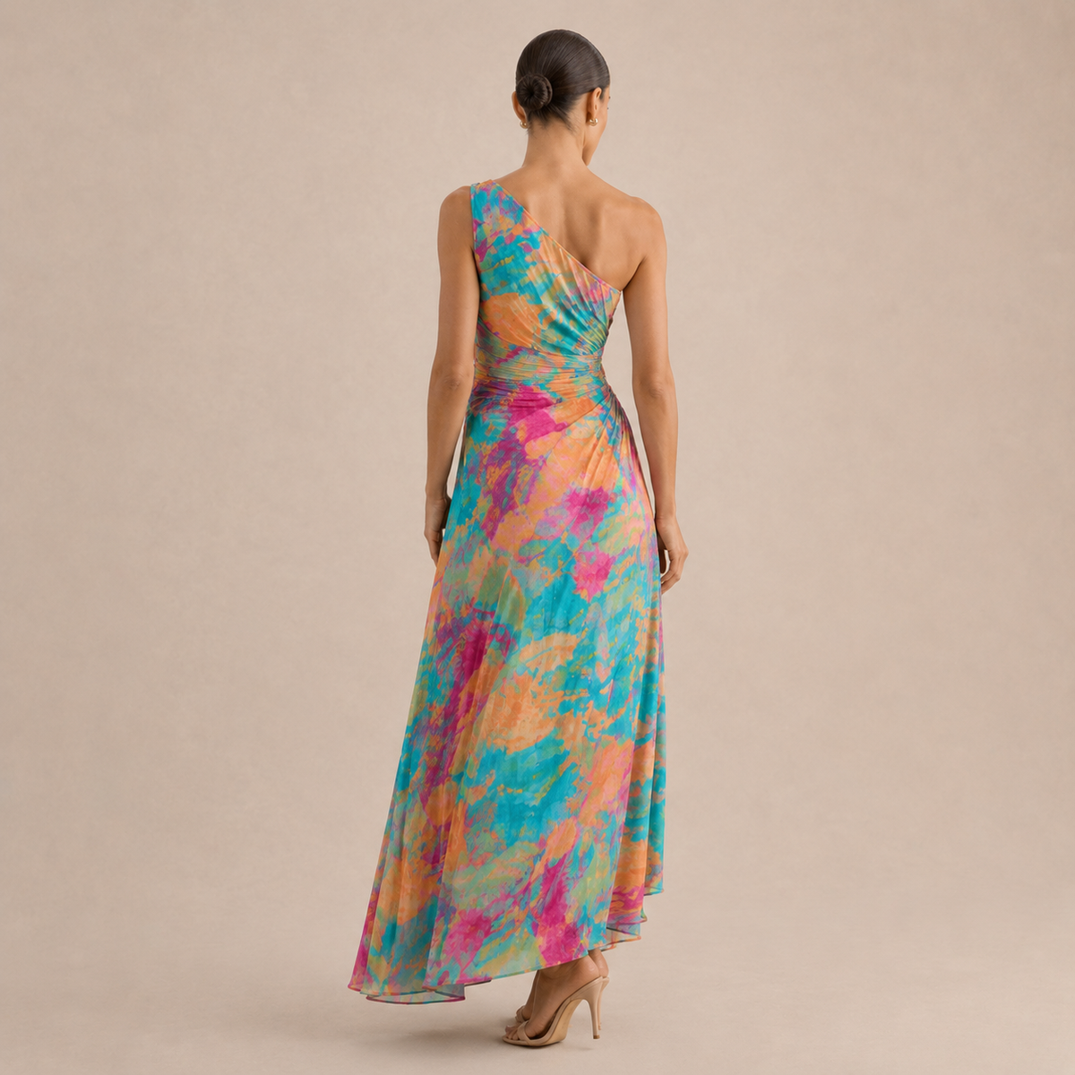 One Shoulder Floral Pleated O Ring Cut Out Maxi Dress 6