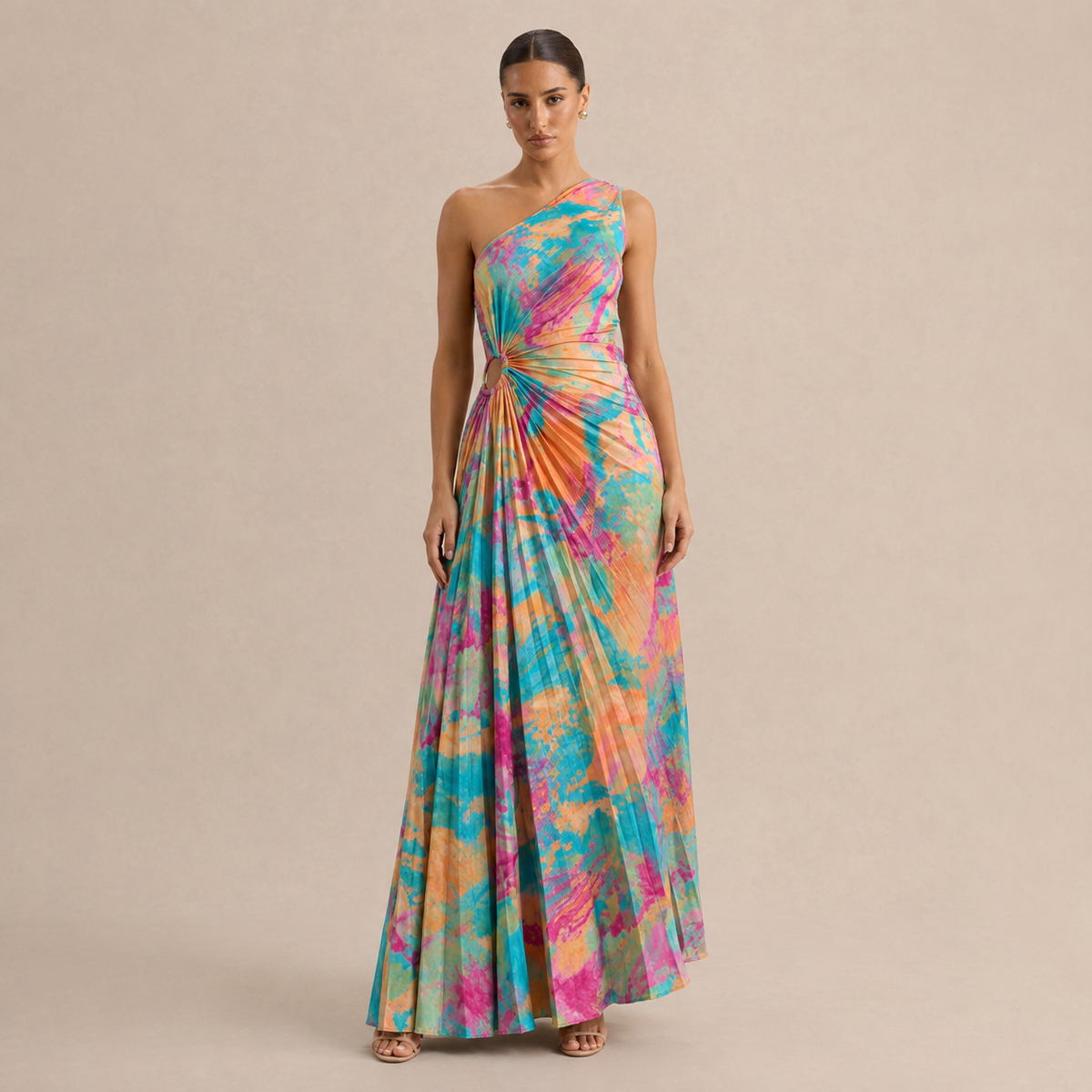 One Shoulder Floral Pleated O Ring Cut Out Maxi Dress 4