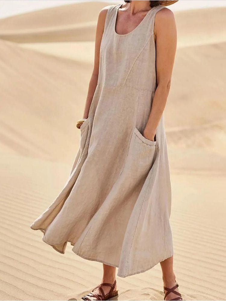 Linen Blend Print A-Line Short Sleeve Maxi Dress - View 7