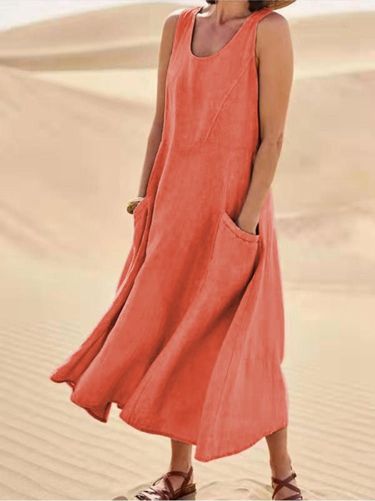 Sleeveless Scoop Neck Patch Pocket Empire Waist A-Line Midi Dress - View 10