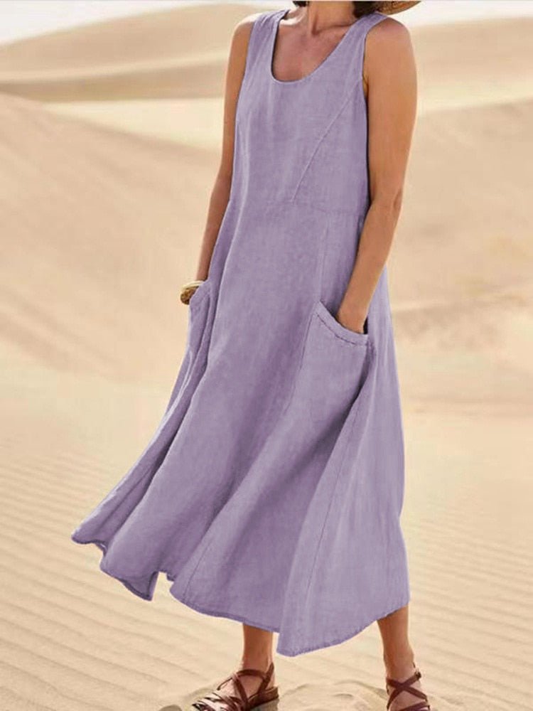 Linen Blend Print A-Line Short Sleeve Maxi Dress - View 5