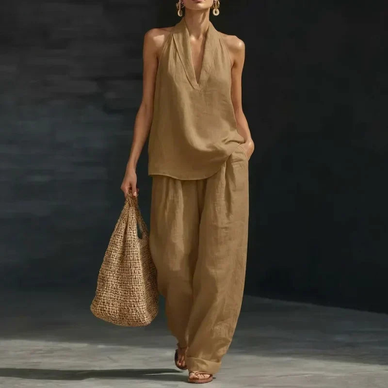 Halter Deep V-Neck Top and Wide Leg Pants Two Piece Set 9