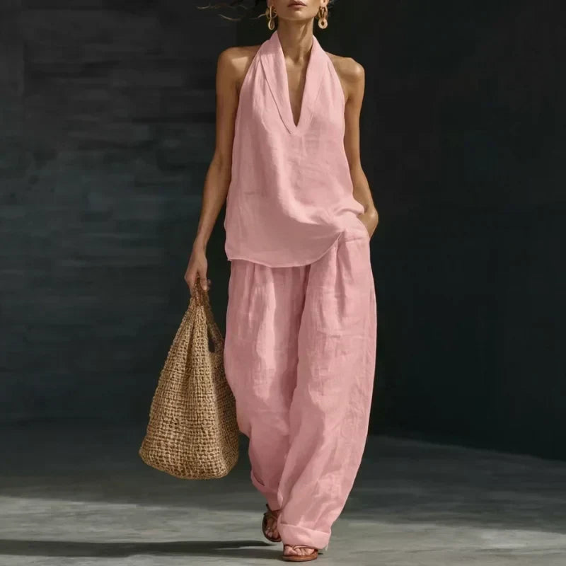 Halter Deep V-Neck Top and Wide Leg Pants Two Piece Set 10