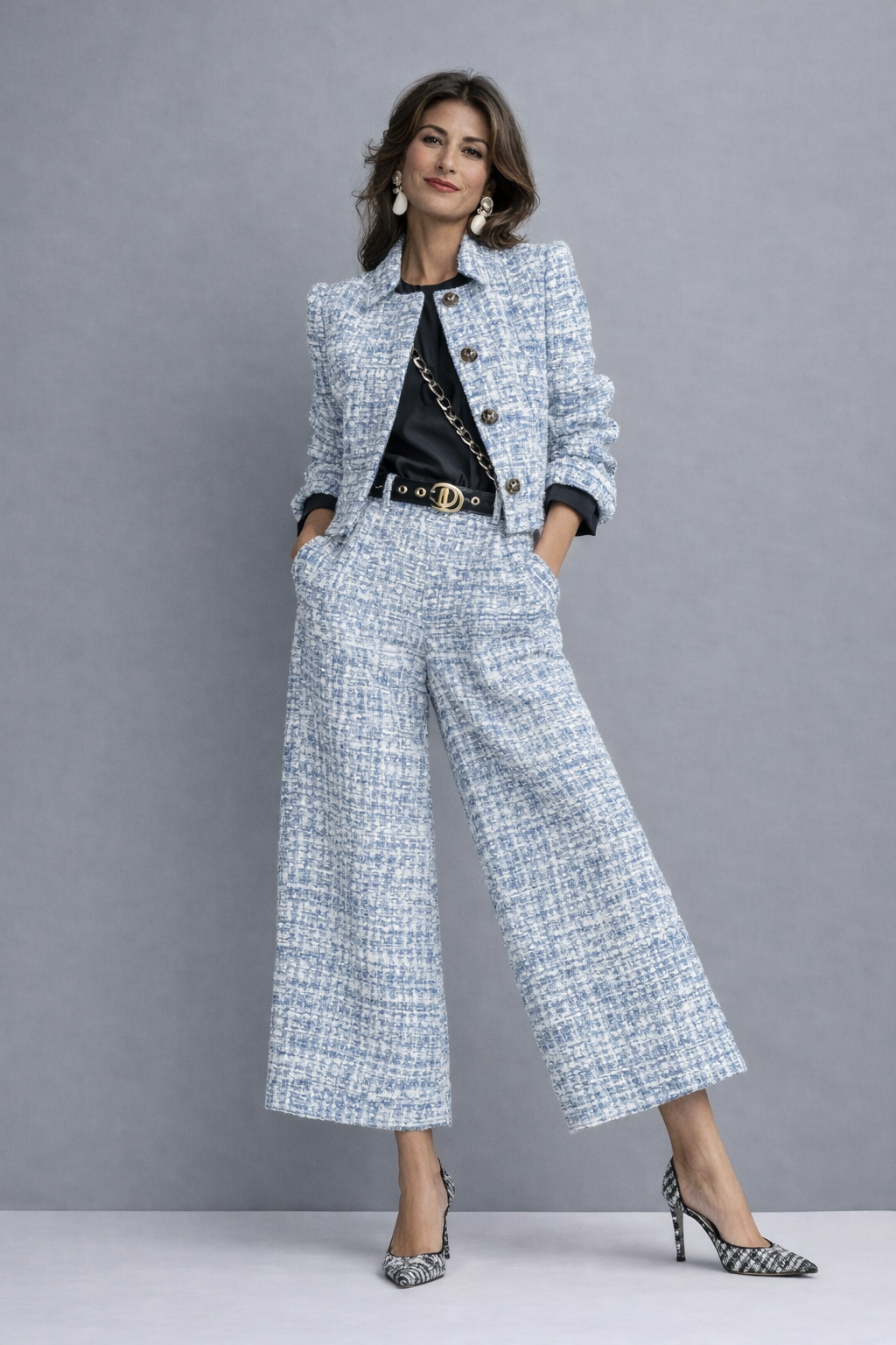 Tweed Blazer and Cropped Wide Leg Pants Two Piece Set 3