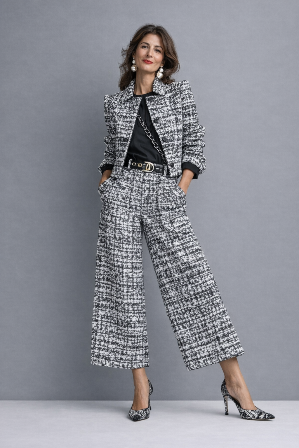 Tweed Blazer and Cropped Wide Leg Pants Two Piece Set 2