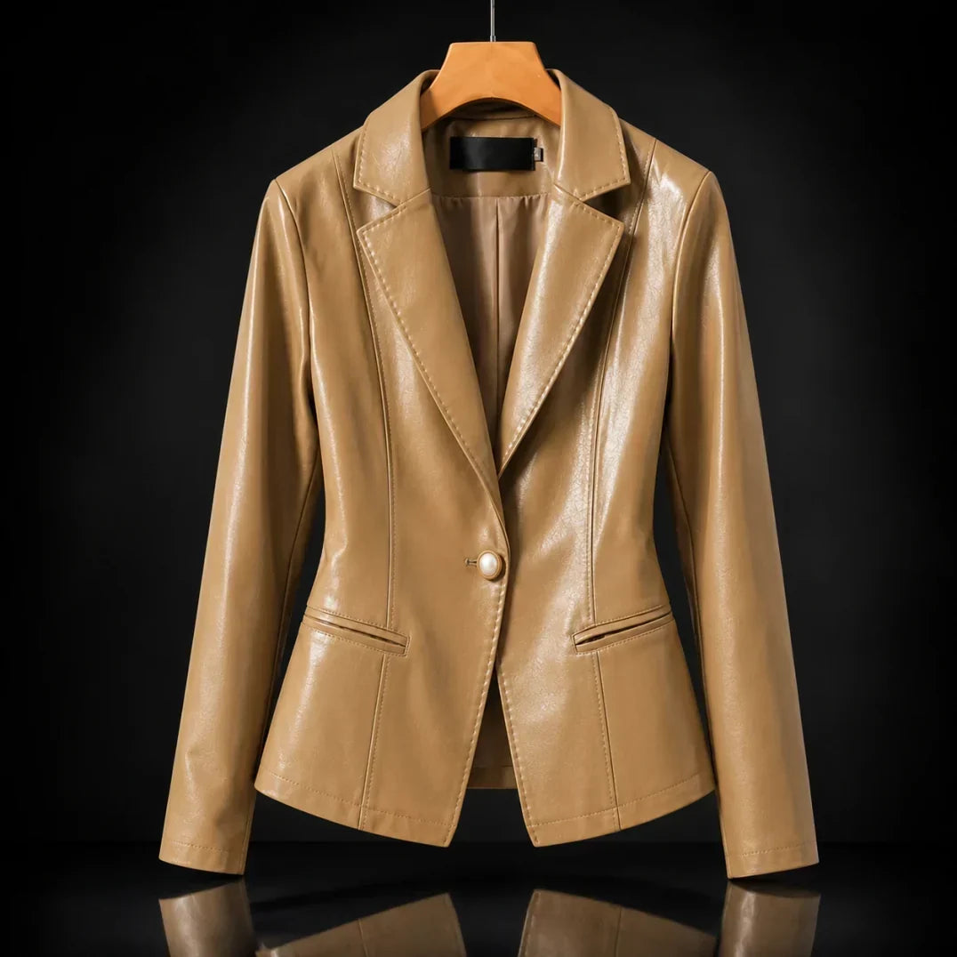 Faux Leather Notch Lapel Single Button Blazer