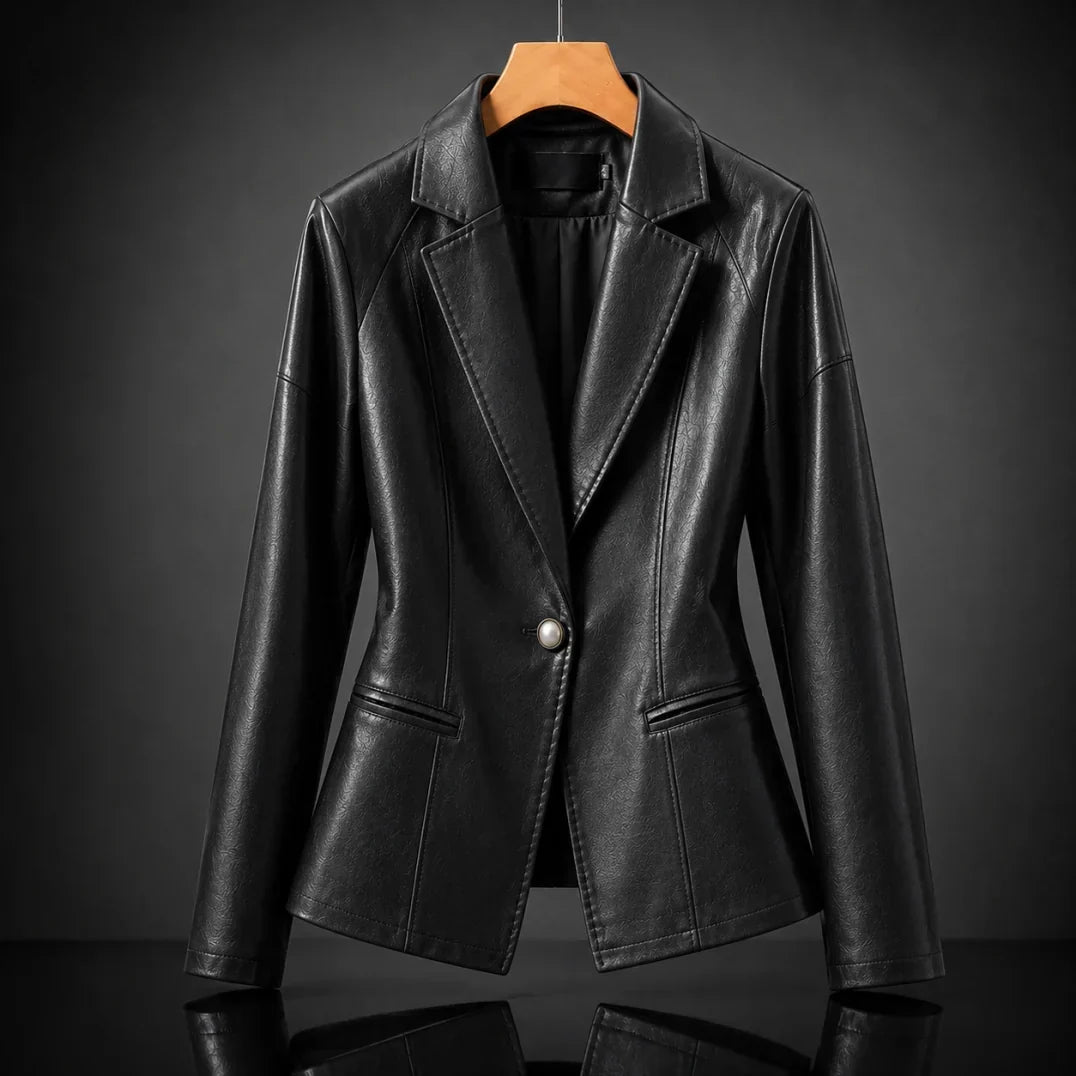 Faux Leather Notch Lapel Single Button Blazer 2