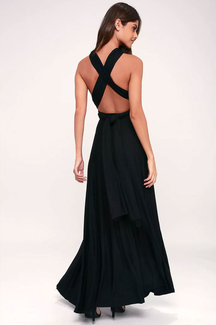 Convertible Infinity Wrap A-Line Maxi Bridesmaid Dress in Black - View 3