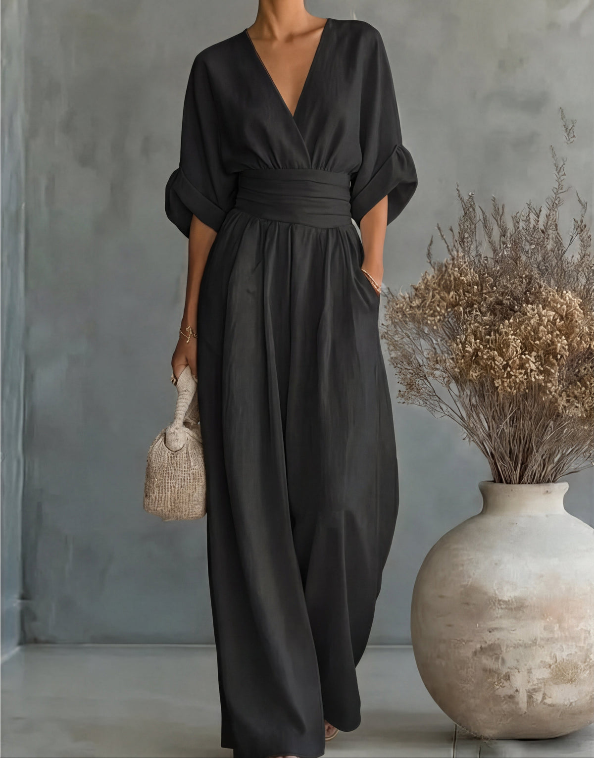 V-Neck Batwing Sleeve Ruched Waist Wide Leg Jumpsuit 3
