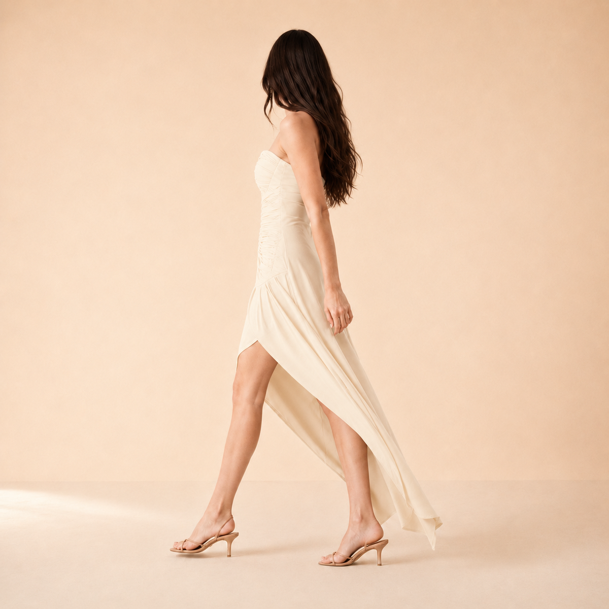 Strapless Plunge Neck Ruched High Split Maxi Gown 8
