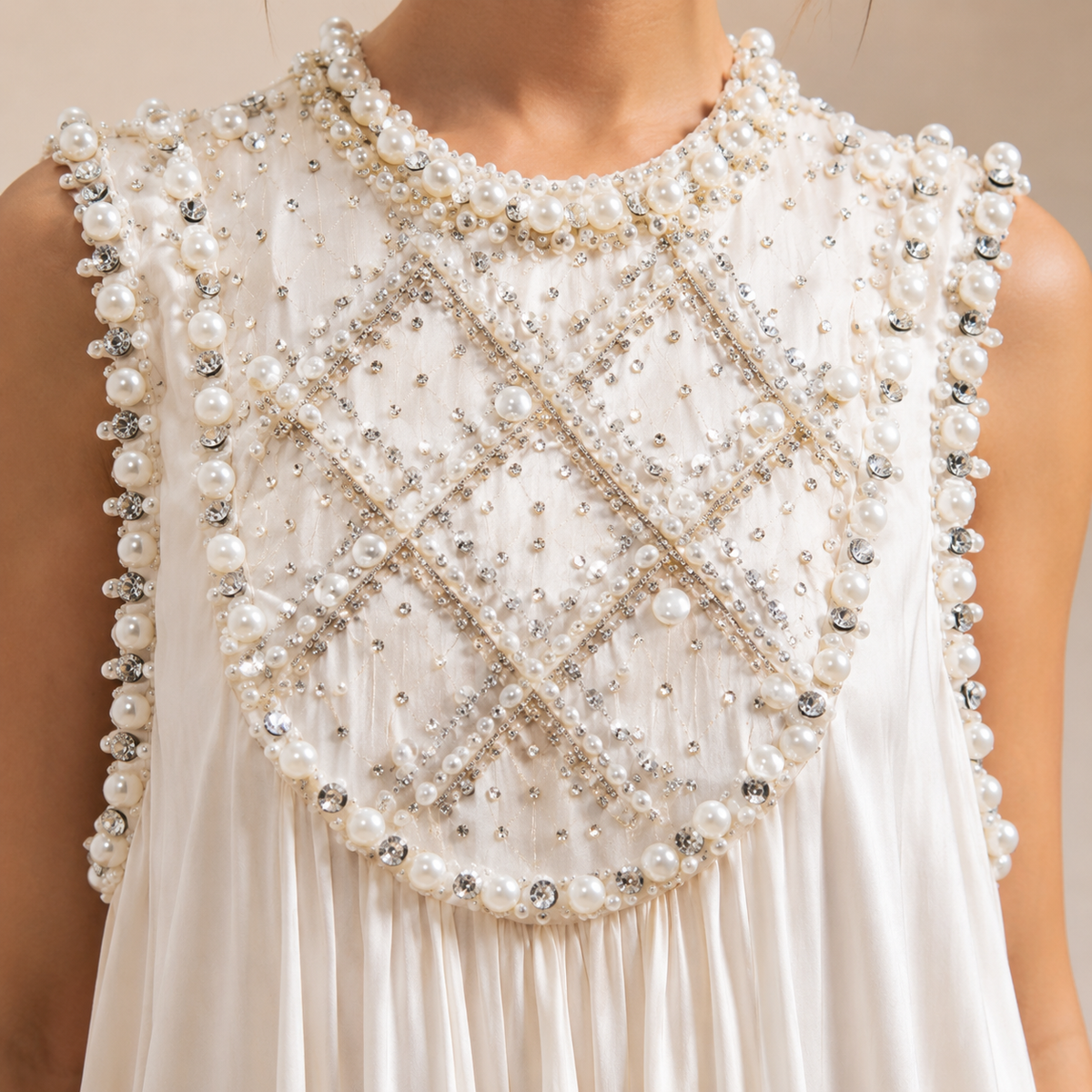 Pearl Beaded High Neck Pleated Swing Mini Dress 5