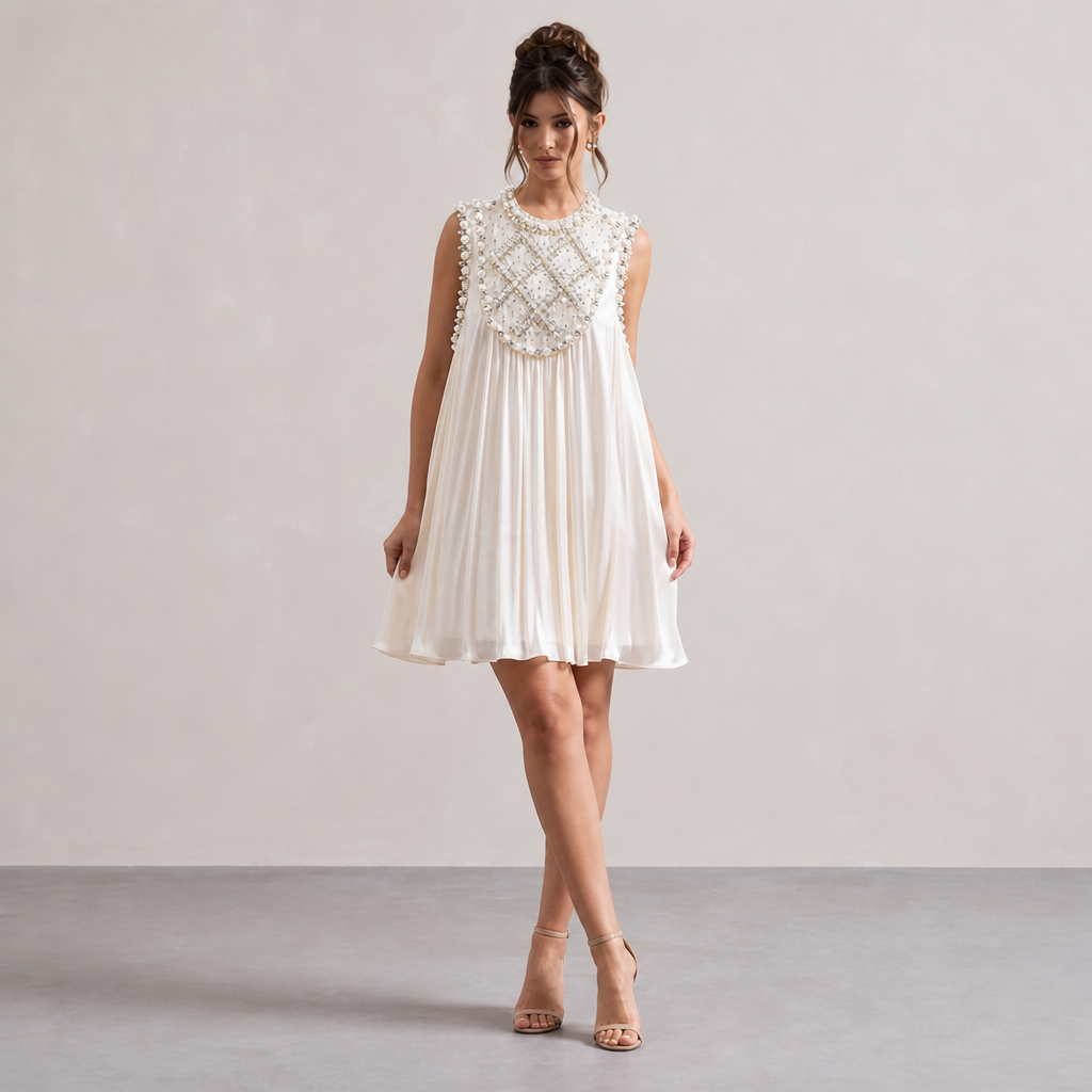 Pearl Beaded High Neck Pleated Swing Mini Dress 4