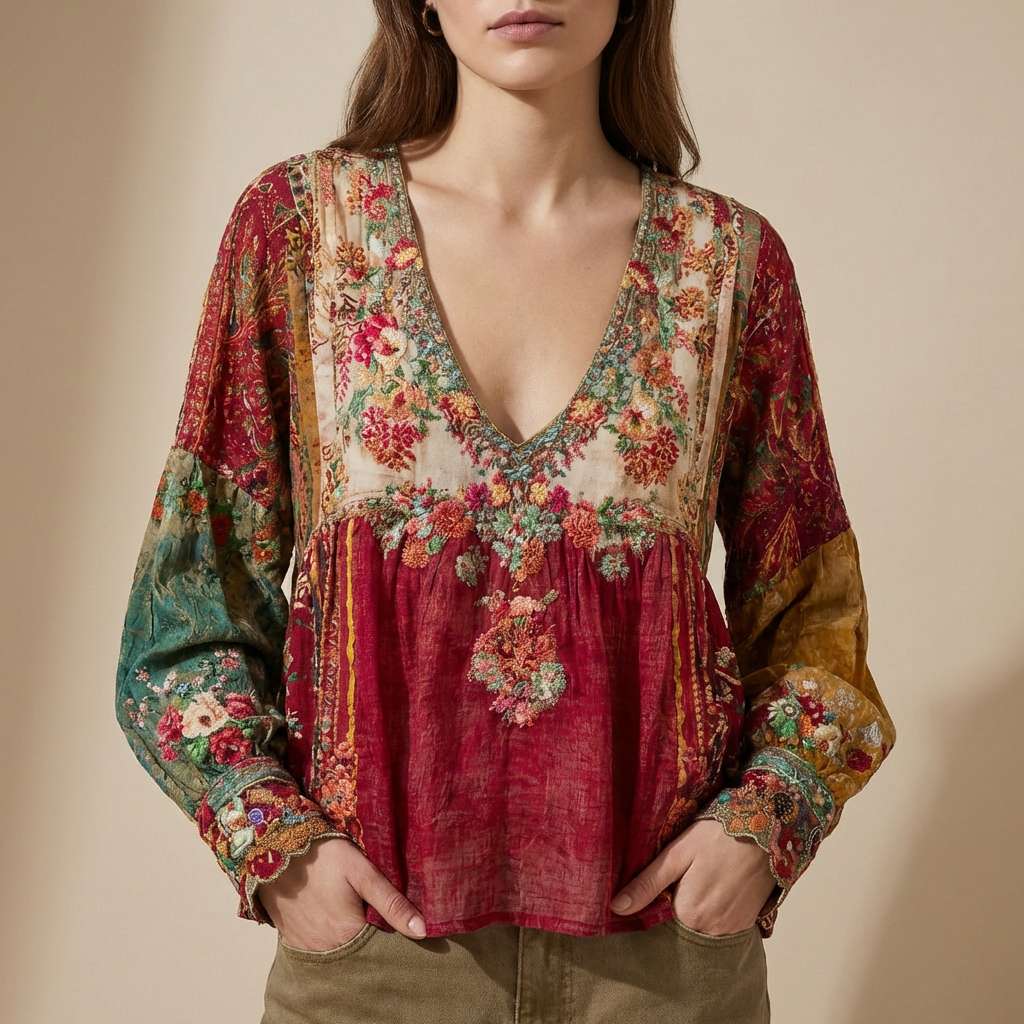 Patchwork Floral V-Neck Long Sleeve Top 2