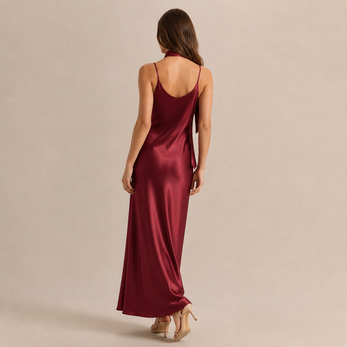 Scarf Neck V-Neck Satin Bias Slip Maxi Dress 15