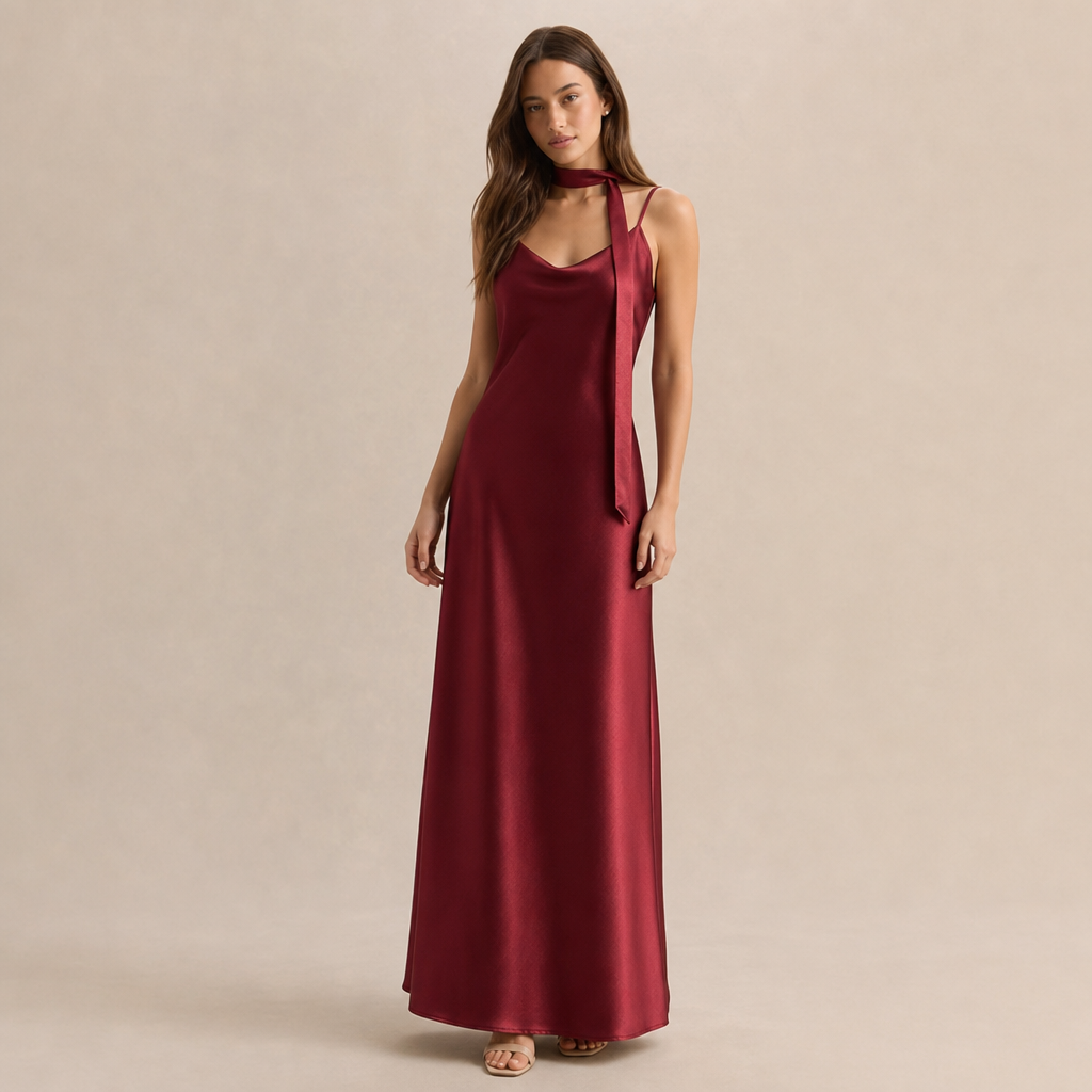 Scarf Neck V-Neck Satin Bias Slip Maxi Dress 13