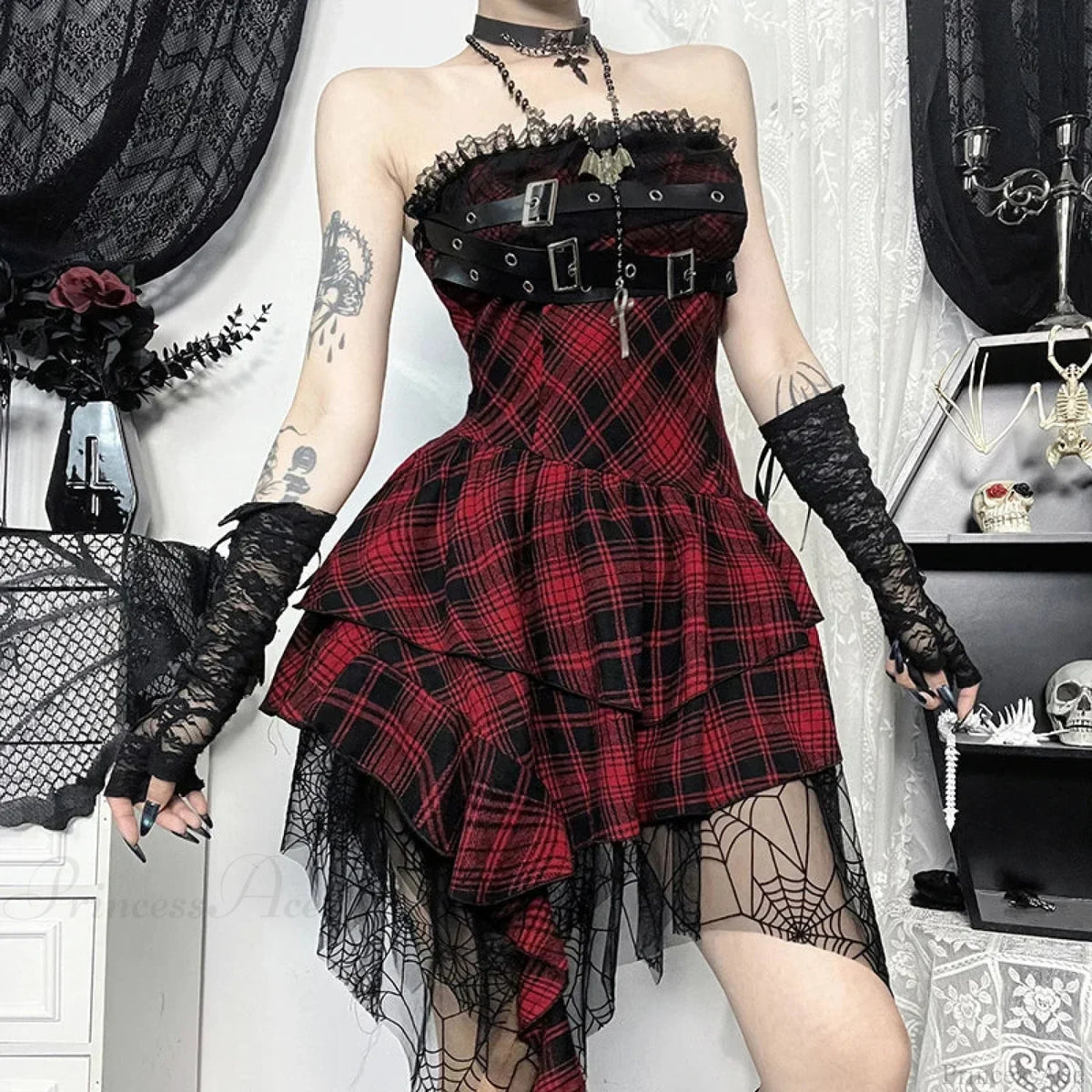 Strapless Plaid Buckle Strap Lace Trim Tiered Ruffle Mini Dress - View 3